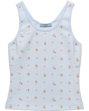 Prada Stretch-Cotton Floral Tank Top - Blue