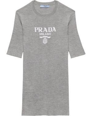 Prada Silk Logo Longline T-Shirt - Grey