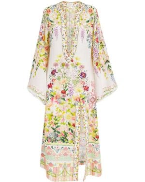 CAMILLA Linen Floral Midi Kaftan Dress - Metallic