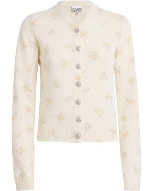 Ganni Wool-Blend Floral Cardigan - White