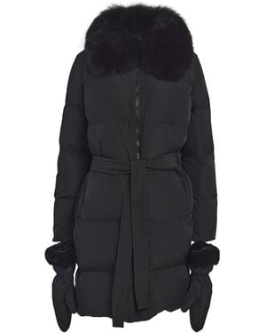 Yves Salomon Fur-Trim Down Coat With Mittens - Black