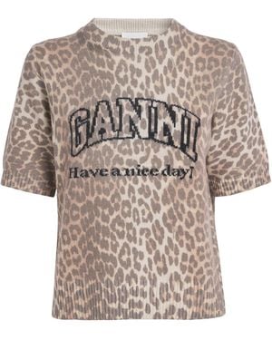Ganni Wool-Blend Leopard Print T-Shirt - Brown