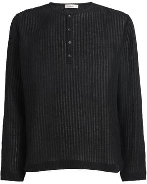 Commas Linen-Cotton-Blend Stripe Henley T-Shirt - Black