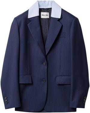 Miu Miu Wool Gabardine Contrast Collar Blazer - Blue