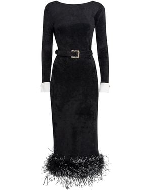 Self-Portrait Chenille Feather-Trim Midi Dress - Black