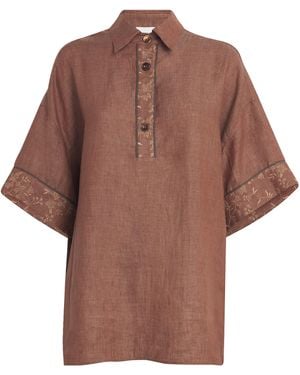 Eleventy X Harrods Linen Embroidered Collared Shirt - Brown