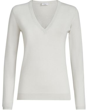 Brunello Cucinelli Cashmere-Silk-Blend V-Neck Jumper - Grey