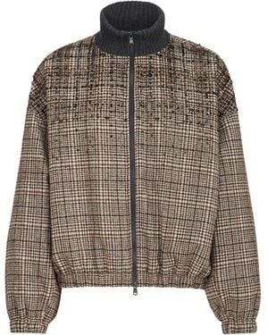 Brunello Cucinelli Alpaca-Wool-Blend Check Bomber Jacket - Brown