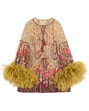 Valentino Metallic Silk Feather-Trim Top - Natural