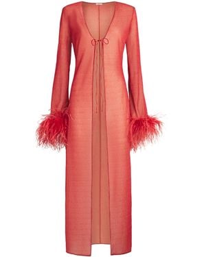 Oséree Feather-Trim Maxi Kaftan Dress - Red