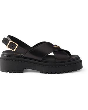 Prada Leather Crossover Platform Sandals 55 - Black
