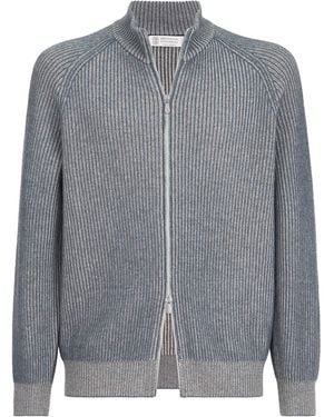 Brunello Cucinelli Cashmere Ribbed Zip-Up Cardigan - Gray