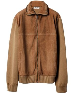 Miu Miu Wool-Leather Zip Cardigan - Brown
