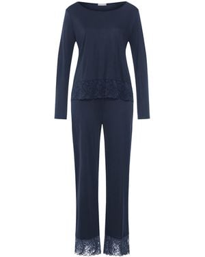 Hanro Lace-Trim Long-Sleeve Pyjamas - Blue