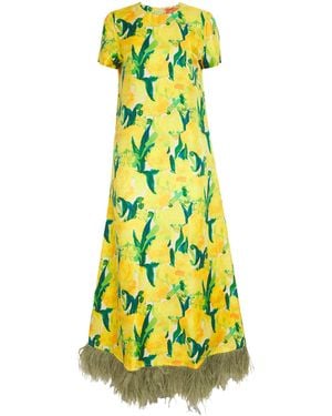 La DoubleJ Silk Feather-Trim Swing Maxi Dress - Yellow