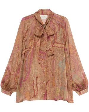 Marina Rinaldi Silk Printed Tie-Detail Shirt - Brown