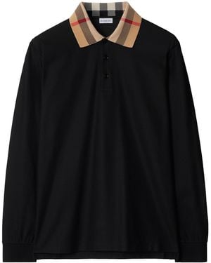 Burberry Cotton Check-Collar Long-Sleeve Polo Shirt - Black