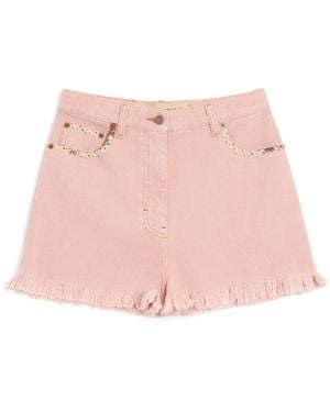 Valentino Cotton-Linen Patch Shorts - Pink