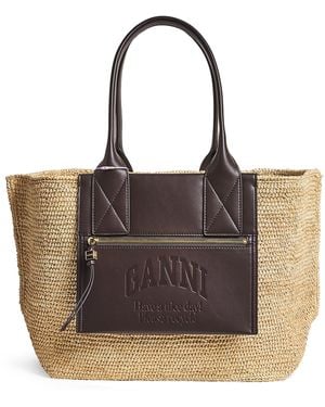 Ganni Medium Raffia-Leather Tote Bag - Brown