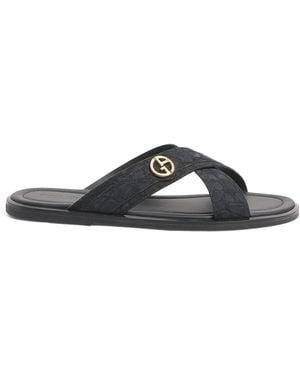 Giorgio Armani Caiman Leather Cross Sandals - Black