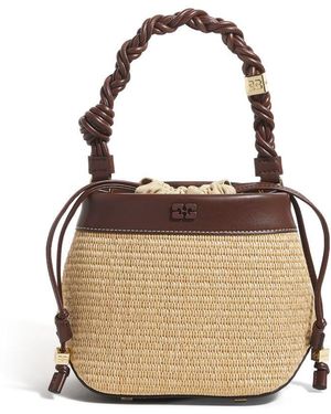 Ganni Raffia-Leather Bou Bucket Bag - Brown