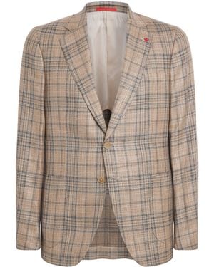 Isaia Wool-Silk Check Capri Blazer - Brown