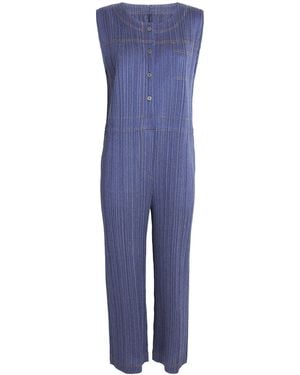 Pleats Please Issey Miyake Short-Sleeve Cotton Denim Jumpsuit - Blue