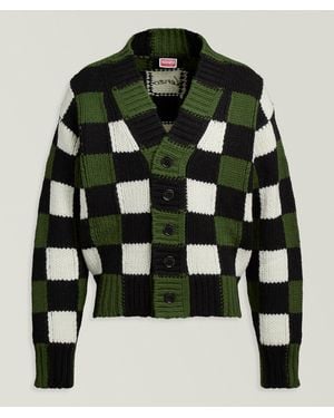 KENZO Checks Knit Wool Cardigan - Green