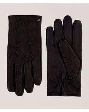 Emporio Armani Metal Eagle Wool-Lined Leather Gloves - Black