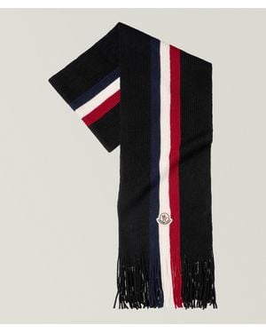 Moncler Tricolour Stripe Logo Wool Scarf - Black