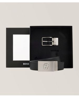 BOSS Reversible Monogram Buckle Leather Belt - Black