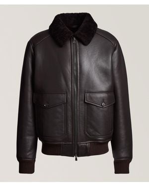 Isaia Shearling-Lined Leather Aviator Bomber - Black
