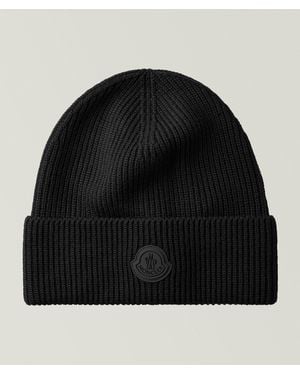 Moncler Striped Logo Wool Ribbed Beanie - Black