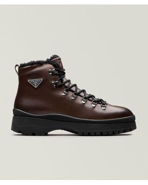 Prada Brixxen Leather Shearling Hiking Boots - Black