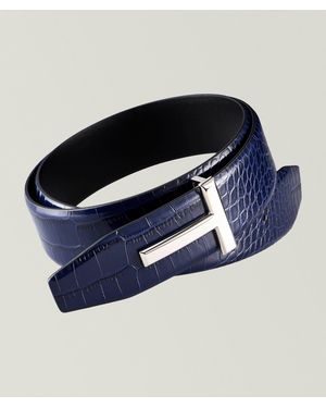 Tom Ford Croc-Print Leather T-Buckle Belt - Blue