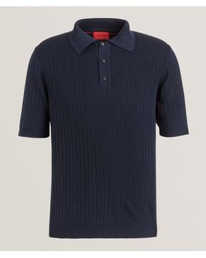 Isaia Silk Ribbed Knit Polo - Blue