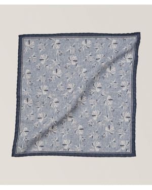 Eleventy Leaf-Print Wool-Cotton Pocket Square - Blue