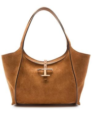 Tod's T-Plaque Suede Tote - Brown