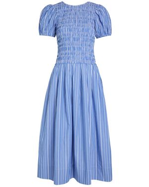 Ganni Striped Shirred Cotton Midi Dress - Blue