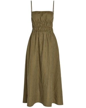 STAUD Ayla Striped Linen Midi Dress - Green