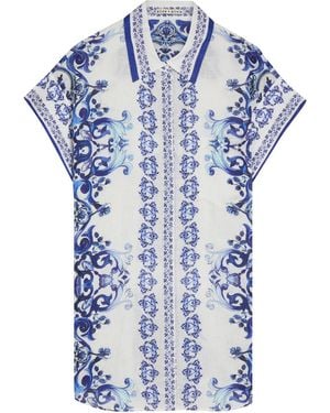 Alice + Olivia Finely Printed Linen Mini Shirt Dress - Blue