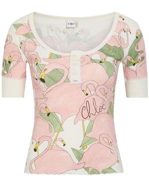 Chloé Flamingo-Print Stretch-Cotton Top - Pink
