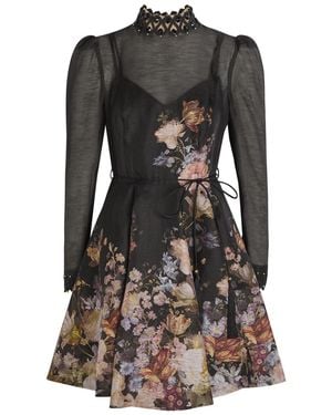 Zimmermann Valiant Floral-Print Linen And Silk-Blend Mini Dress - Black