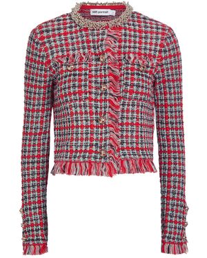 Self-Portrait Checked-Knit Cotton-Blend Jacket - Red