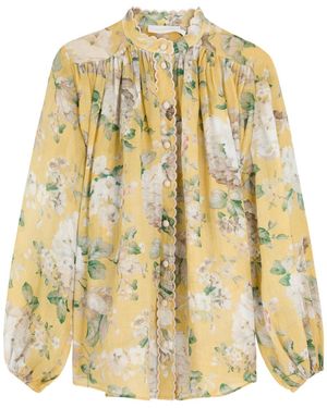 Zimmermann Acacia Scallop Floral-Print Ramie Blouse - Metallic