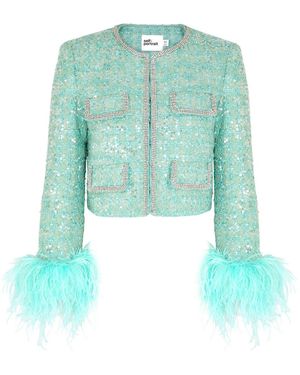 Self-Portrait Feather-trimmed Embellished Tweed Jacket - Green