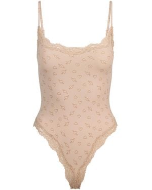 Skims Printed Lace-Trim Stretch-Jersey Bodysuit - Natural