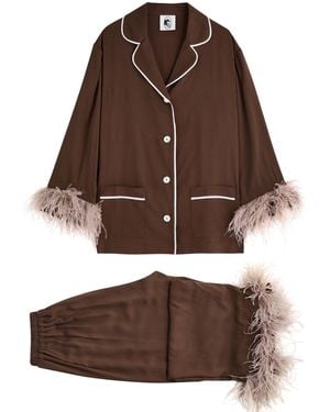 Sleeper Party Feather-Trimmed Pyjama Set - Brown
