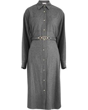 Moncler Belted Wool-Blend Midi Shirt Dress - Gray