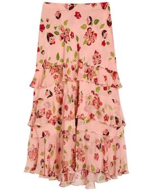 RIXO London Preslee Floral Ruffled Silk-Chiffon Midi Skirt - Red